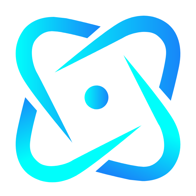 The Deaf Catalyst logo. It has 4 curves in a gradient color of bright cyan to medium blue. In the middle, is a gradient colored dot.